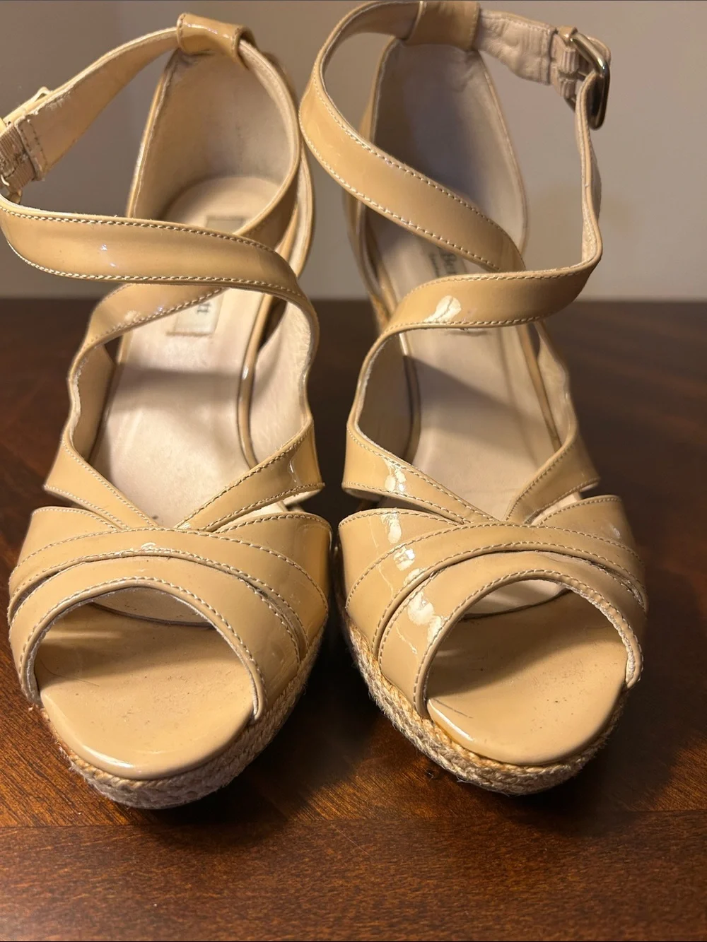 L. K. Bennett Patent Nude Braided Wedge Heels